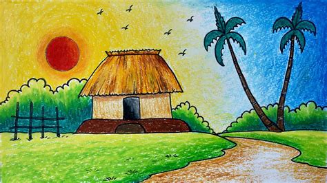 Village Scenery Drawing, drawing landscape, easy drawing for.